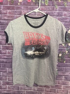 Mighty Fine Women's Back to the Future Grey Graphic Ringer Tee m